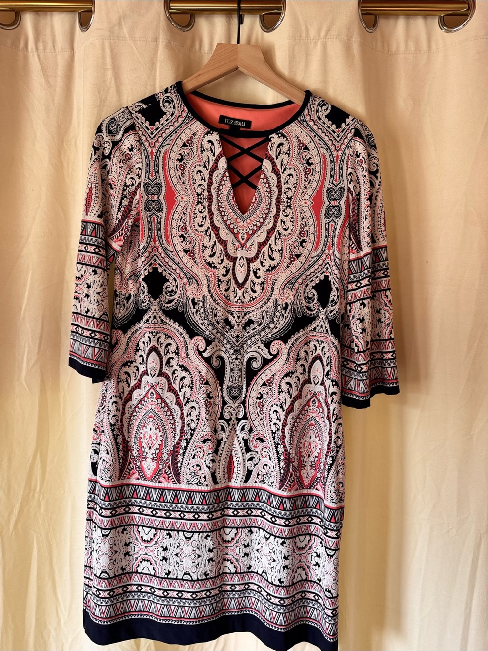 Roz & Ali Black, Coral and White Paisley Midi Dress
